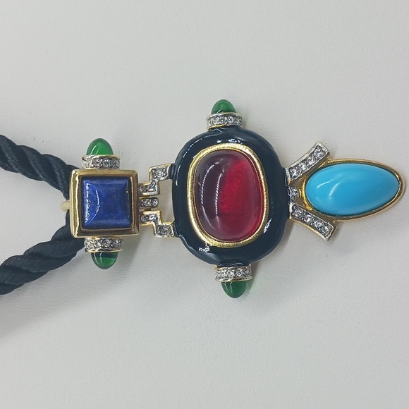 VINTAGE KJL Kenneth Jay Lane Art Deco Cabochon & Crystal Pendant Necklace - Picture 4 of 14